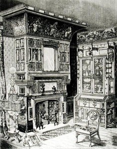 Gothic cabinet and a highly decorated chimney piece from part of a room set by Cox & Sons for Philadelphia by English School