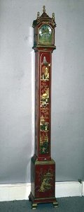 Grandmother Clock, Decorated with Gilt Chinoiserie, Domed Hood and Brass Dial by Samuel Short