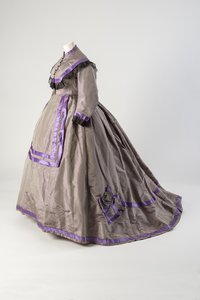 Grey silk taffeta dress trimmed with black lace and purple silk satin