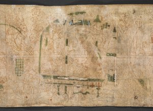 Harley Roll Y 6, Roundel 16v, On the verso of Roundels 14-18 are a series of 14th-century drawings, in two registers, with scenes from the book of I Samuel, chapters 1-4, from the 