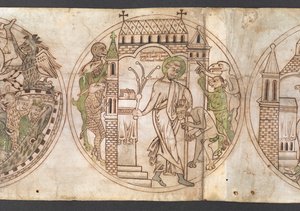 Roundel of St Guthlac whipping the beastly demons who have invaded his house, with the inscription 