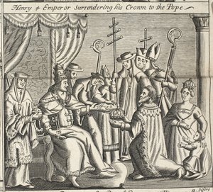 Henry 4 Emperor surrendering his crown to the Pope, illustration from Acts and Monuments by John Foxe, ninth edition, pub. 1684