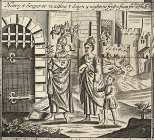 Henry 4 Emperor waiting 3 days and nights in frost & snow for admittance to Pope Gregory, illustration from Acts and Monuments by John Foxe, ninth edition, pub. 1684