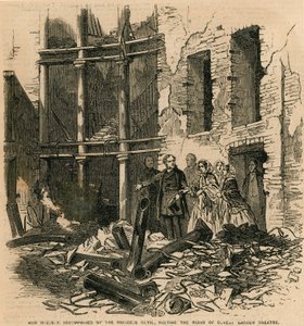 Her Majesty, accompanied by the Princess Royal, visiting the ruins of Covent Garden Theatre, London by English School