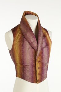 High-collared waistcoat with woven vertical stripes in fading colours of purple, bronze and yellow, c.1840