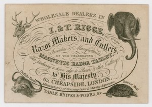 I & T Rigge, Razor Makers and Cutlers, Trade Card by English School