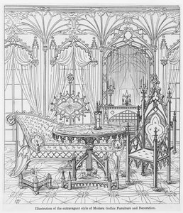 Illustration of the extravagant style of Modern Gothic Furniture and Decoration, from True Principles of Pointed of Christian Architecture, by Augustus Welby Pugin by English School