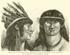 Indians of the Rio Oermejo (Brazil), showing ear and lip ornaments in wood, like those of the Hydahs in Queen Charlotte Islands