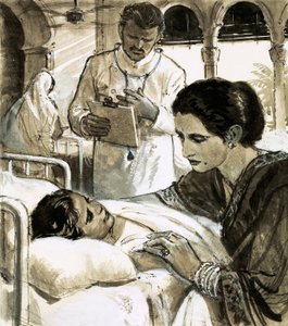 Indira Gandhi watching over a child in hospital by English School