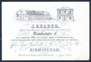 J Reader, Foreman to Porter & Co, Trade Card by English School