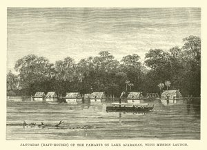 Jangadas (Raft-Houses) of the Pamarys on Lake Ajarahan, with Mission Launch by English School