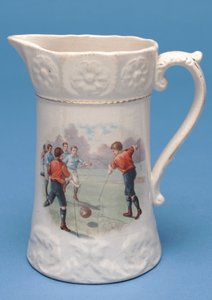 Jug with transfer printed design of a football match (ceramic)