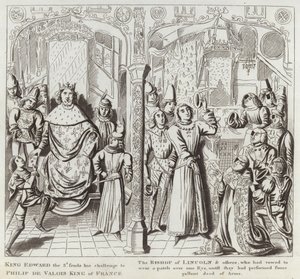 King Edward III sends his Challenge to Philip de Valois King of France, the Bishop of Lincoln & others, who had vowed to wear a Patch over one Eye until they had performed some Gallant Deed of Arms by English School