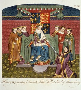King Henry VI Presenting a Sword to John Talbot, Earl of Shrewsbury, Illustration from The Complete View of the Dress and Habits of the People of England Volume II, published 1799 by English School