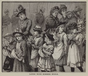 Laden with summer spoils: a group of city children after a summer trip to the countryside