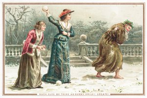 Ladies throwing snowballs at old man by English School