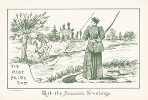 Lady Fishing Watched by Gentleman, Christmas Card by English School