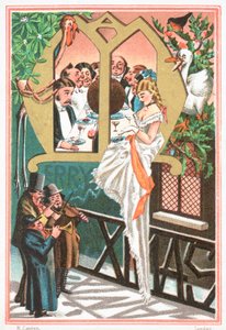 Lady being serenaded by musicians by English School