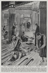 Lamas worshipping before the Holy of the Holies in a Tibetan temple (litho) by English School