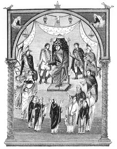Charles the Bald, King of France (823-77) Enthroned, Commissioned by Abbot Vivian from the Monastery of St. Martin at Tours, from the First Bible of Charles the Bald, 843-51, Illustration