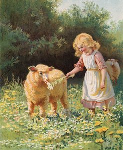 Little Girl Feeding a Flower to a Sheep in a Meadow by English School