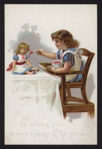 Little Girl Playing at Feeding Her Doll, Christmas Greetings Card, Late 19th or Early 20th Century