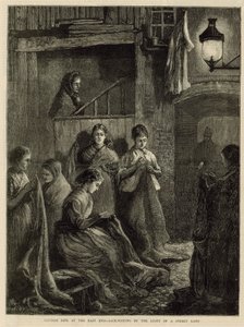 London Life at the East End - Sack-Making by the Light of a Street Lamp by English School