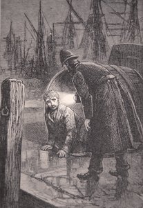 London policeman on patrol in the docks finds homeless man living in empty barrel by English School