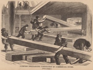 Lumpers Discharging Timber-Ship in Commercial Docks by English School