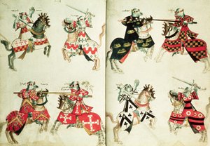 Jousting knights showing heraldic emblems by English School