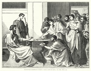 Macedonian Christians pressing their Gifts on Paul, II Corinthians VIII by English School