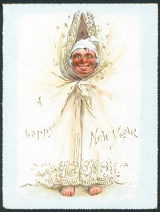 Man peeking through curtains, New Year Card