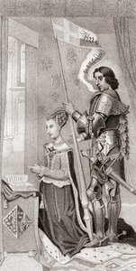 Margaret of Denmark with St. Canute, patron of Denmark, behind her holding a banner showing the cross of the crusades
