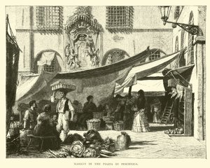 Market in the Piazza di Pescheria by English School