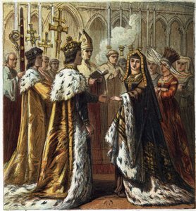 Marriage of Henry VII, King of England (1457-1509) to Elizabeth of York (1466-1503) on 18 January 1486. Marriage of Henry Seventh and Elizabeth of York. chromolithography in Pictures of English History published by George Routledge & Sons.1890. Private Col