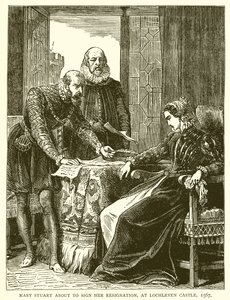 Mary Stuart about to Sign her Resignation, at Lochleven Castle, 1567 by English School