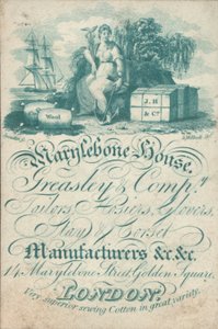 Marylebone House, Greasley & Co, Tailors, Hosiers, Glovers, Stay and Corset Manufacturers, 14 Marylebone Street, Golden Square, Trade Card by English School