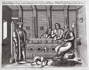 Master Philpots being in the Colehouse, where he found Thomas Whittle, priest, sitting in the stocks, illustration from Acts and Monuments by John Foxe, ninth edition, published 1684