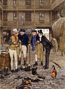 Members of the Pickwick club meet Sam Weller. Illustration of the works of Charles Dickens (1812-1870) by English School