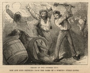 Men and Boys Drinking from the Casks of a Burning Public-House by English School
