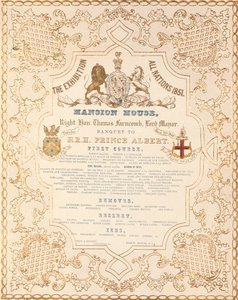 Menu of banquet for Prince Albert at the Mansion House, to mark the Great Exhibition of All Nations, London, 1851 by English School