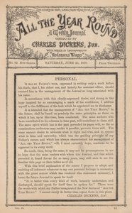 Message from Charles Dickens Junior in the Weekly Journal All The Year Round, After His Father