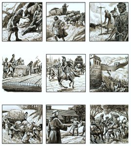 Montage of pictures about the history of roads by English School