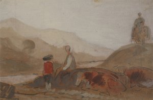 Mountainous Landscape with Figure by a Lake (A Man seated by a Lake amidst Mountains) by English School