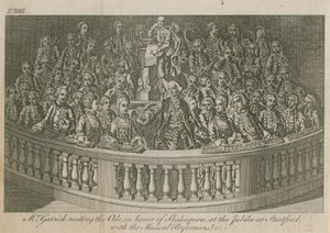 Mr David Garrick reciting the Ode, in honour of William Shakespeare at the jubilee at Stratford