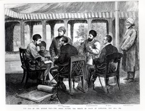 Muhammad Yaqub Khan signing the Peace Treaty at Gundamak on the 26th May, 1879 by English School