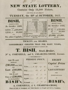 New State Lottery, run by T. Bish, stockbroker, 4 Cornhill and 9 Charing Cross, London