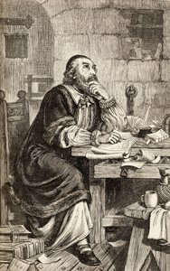 Nicholas Ridley writing letters in prison whilst awaiting his execution, c.1865 by English School