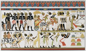 Nubian Chiefs Bringing Presents to the King of Egypt, Copy of an Ancient Egyptian Wall Painting from a Tomb at Thebes, c.1380 BC, from The History of Mankind, Vol.III, by Prof. Friedrich Ratzel, 1898 by English School