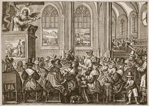 Oliver Cromwell preaching to a puritan congregation, illustration from The Church of England: A History for the People by H.D.M. Spence-Jones by English School